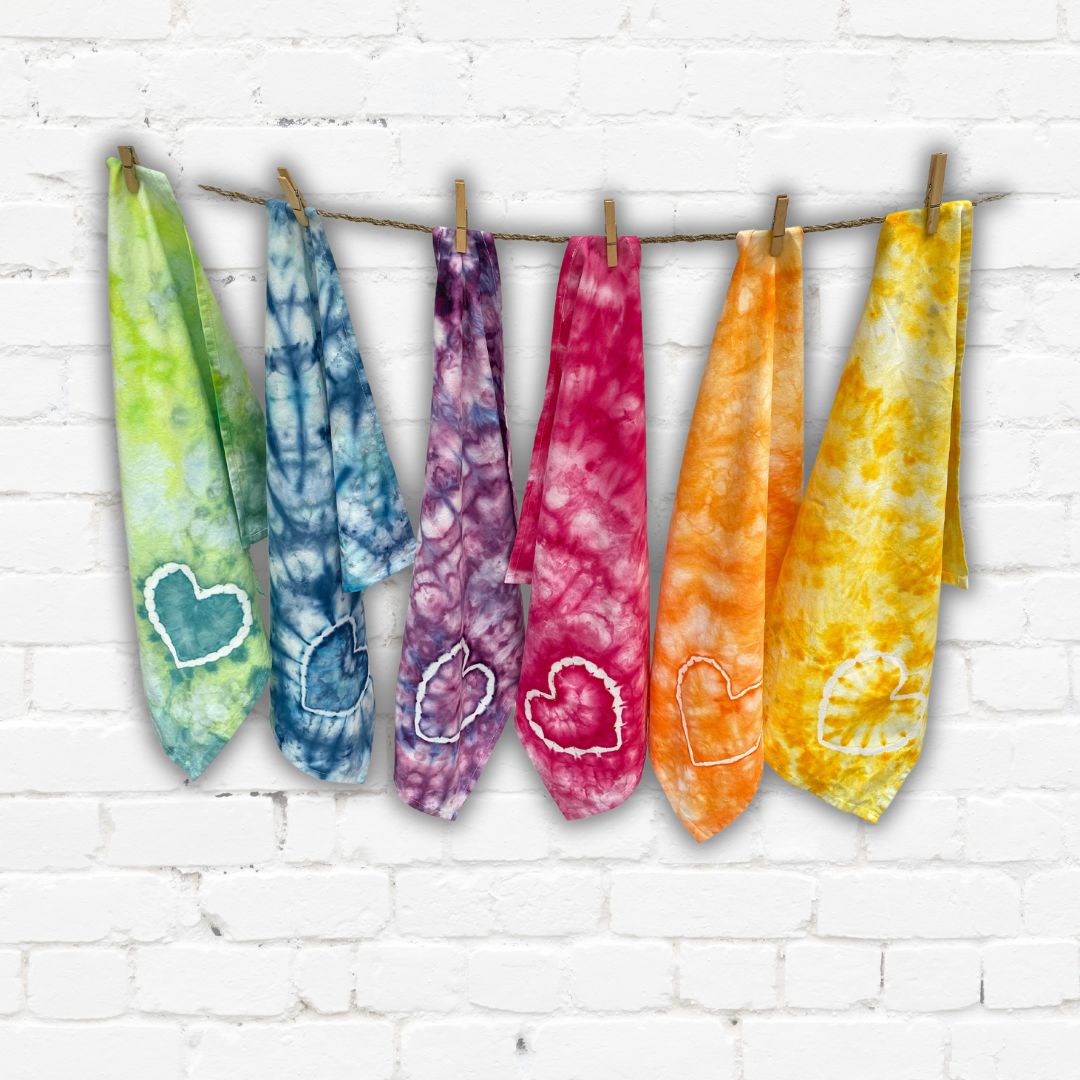 Sat of 6 | Hand Dyed Rainbow Heart tea towels