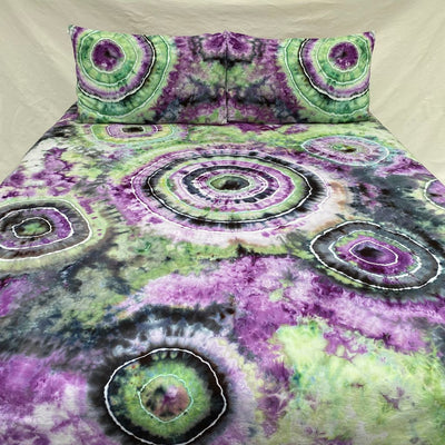 tie dye black, purple, green bedding